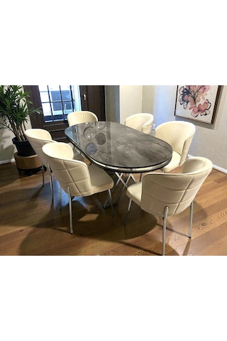 Msy Home 6 Kişilik Serya İroni Oval Masa Krom Ayak Yönsüz Kumaş Modern Ve Şık Yemek Odası Takımı 874521 Bej