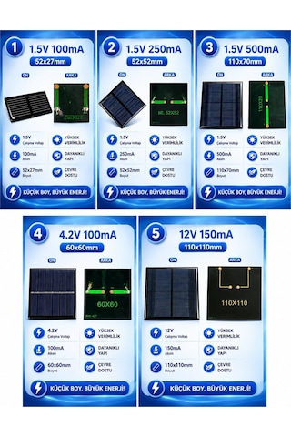 Mini Güneş Paneli Seti 5 Li Solar Panel Paketi 1.5v / 4.2v / 12v
