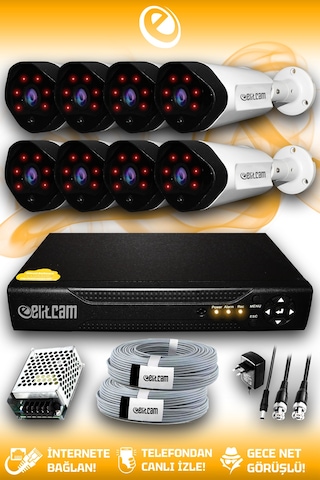Elitcam 8 Kameralı Uzay 8 Dış Kamera Set HDD'siz Full HD Gece Görüşlü Güvenlik Kamerası Sistemi