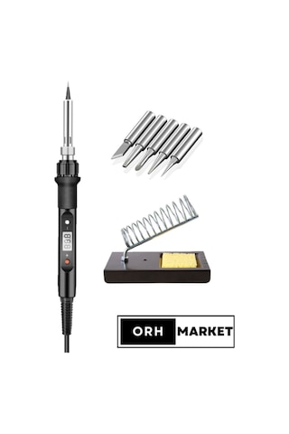 80W LCD Lehim Havya Seti – Sıcaklık Ayarlı, Seramik Rezistörlü + Metal Stand ve 5 Uç Dahil