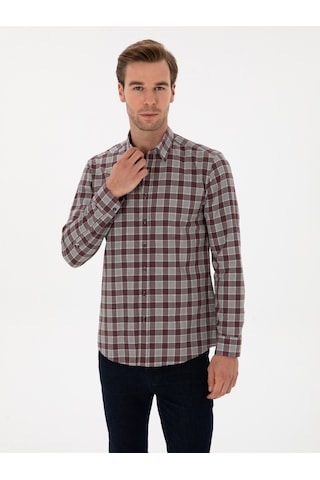 Cacharel Bordo Slim Fit %100 Pamuk Kareli Gömlek Kırmızı