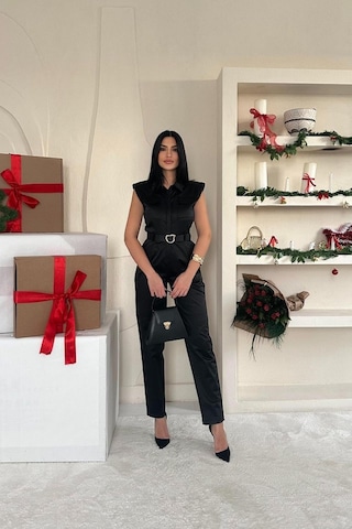 Ahes Shopping Siyah Vatkalı Kemerli Tulum Siyah