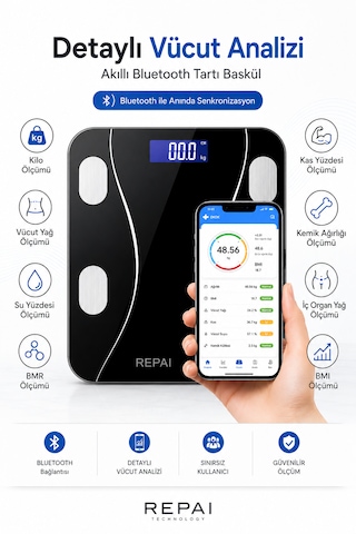 Proscale Bluetooth Akıllı Baskül Vücut Analizli Yağ Su Kas Bmı Bmr Ölçer Dijital Tartı