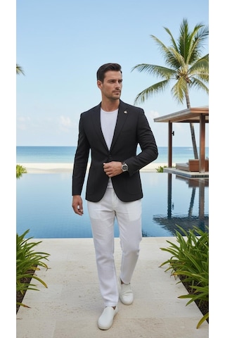 Plus Scorpion Ck089 Erkek Slim Fit Blazer Ceket Tek Düğmeli Çift Yırtmaçlı Torba Cepli Yarım Astarlı Siyah