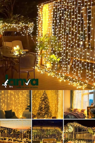 3x3 Metre Sarı Perde Led Işık 12 Saçaklı Tasarım, 8 Fonksiyonlu Mod Ve Dekoratif Şıklık
