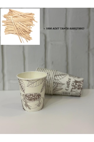 8 Oz Karton Bardak Koli İçi 1000 Adet + 1000 Adet Tahta Karıştırı