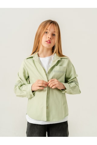 Giyicem Kız Çocuk Cep Dantelli Gömlek T-shirt İkili Takım 1803 Yeşil