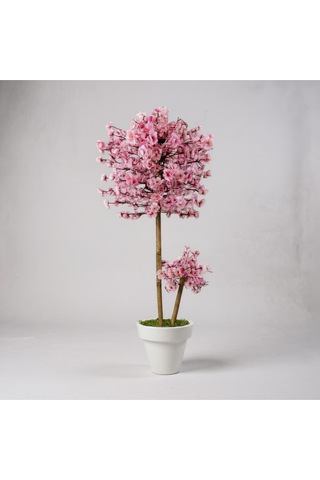Luxdecor Yapay Sakura Ağacı - Pembe Bahar Esintisi 100 Cm Beyaz Plastik Saksı Pembe