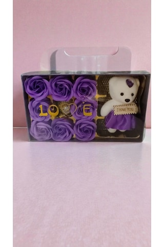 Sevgililer Gününe Özel I Love You Yazılı Asetatlı Güllü Ayıcık Mor Renk Hediyelik Boyut:20 11cm