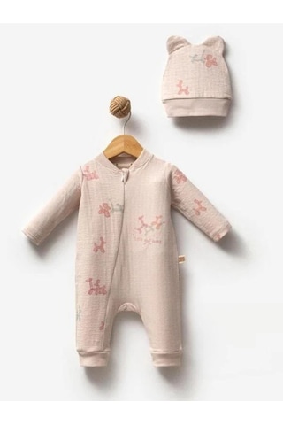 Kız Bebek Desenli Şapkalı Tulum-15304 Bej