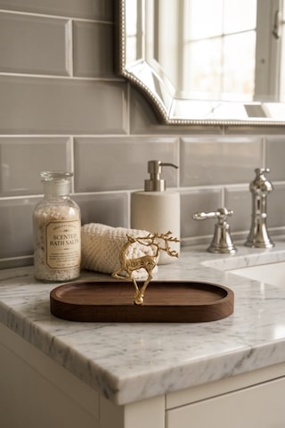 Sabunluk Amber Şişe Cam İkili Şampuan-duş Jeli Banyo Düzenleyici Lüks Gold Geyik Ahşap Standlı 500ml