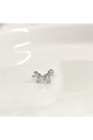 Üç Taş Mekik Gümüş Tragus Pıercıng - Rodyum Beyaz Beyaz