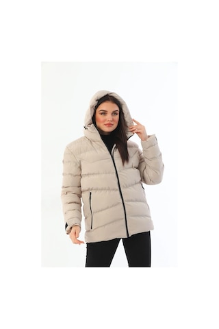 Spor Kadın Polarlı Kürklü Kapüşonlu Su Geçirmez Rüzgara Dayanıklı Şişme Mont Parka-104 Taş