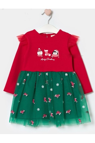 Kız Çocuk Snowman And Penguın Tüllü Yılbaşı Elbise Nbk-24915 Kırmızı