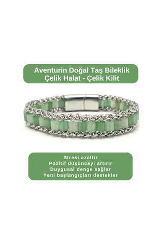 Sertifikalı Aventurin Doğal Taş Bileklik Çelik Halat Çelik Kilit Çok Renkli