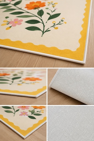 Renkli Floral Desen Sarı Çerçeveli Baskılı Kaymaz Yıkanabilir Salon Oturma Odası Mutfak Balkon Halısı Yolluk