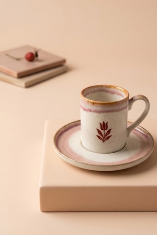 Modern Tasarım 2 Kişilik 4 Parça Porselen Kahve Fincanı Seti - Lale Desenli - Pembe Ve Krem Geçişli Pembe