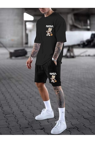 Siyah Nasa Kedi Baskılı Şort T-shirt Takım Siyah
