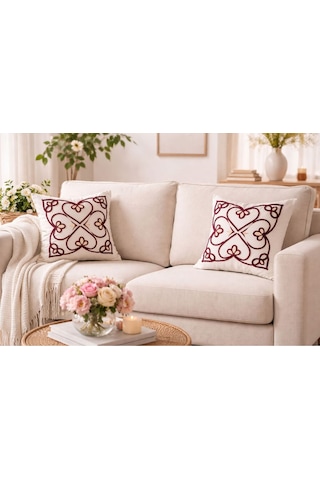 El Yapımı Keten Duck Kumaş Punch Kırlent Kılıfı 43x43 Dekoratif Kalp Motifli Beyaz