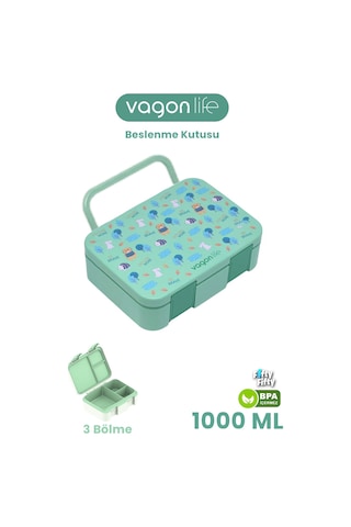 Vagonlife 1000 Ml Tek Kat Sızdırmaz,karışmaz Üç Bölmeli Taşıma Kulplu Çocuk Beslenme Kutusu -ffb092-1000 Yeşil