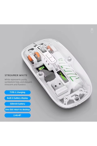 Şeffaf Mouse Kablosuz Mouse Fare Şarjlı Bluetooth Wireless Çift Modlu Sessiz 5 Tuşlu Dpı Kontrol Rb