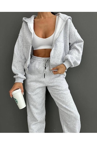 Düz Basic Hırka Eşofman Altı Jogger Alt Üst Takım - Gri Fermuarlı Oversize Kapüşonlu Gri