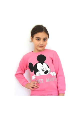 Milenawear by Milena Mickey Baskılı Bisiklet Yaka Kalın Kız Çocuk Alt Üst Takım Pembe