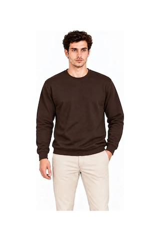 DefyModa Erkek Bisiklet Yaka İçi Şardonlu 2 İplik Düz Uzun Kollu Regular Fit Sweatshirt - Kahverengi