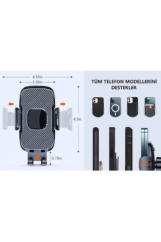 Araç Içi Otomatik Telefon Tutucu Cam Ve Torpido Için Araba Telefon Tutacağı Vantuzlu Klipsli Siyah