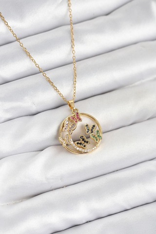 316l Çelik Zincir Gold Renk Zirkon Taşlı Kelebekli Kadın Kolye - Prt3500eb09332-95254 altın