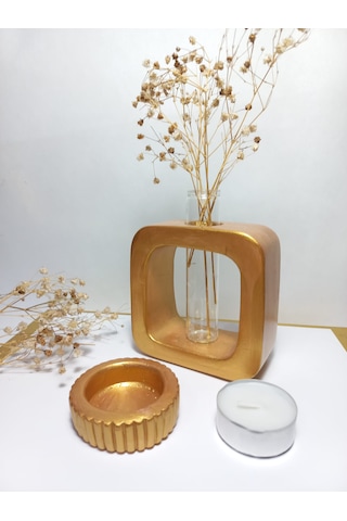 Minimal Vazo, Cam Tüplü Kare Model Dekoratif Vazo Gold