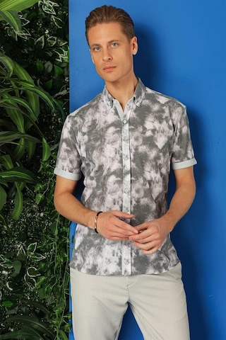 Efor Slim Fit Düğmeli Yaka Batik Desenli Kısa Kol Pamuk Gri Gömlek G 1502 Gri