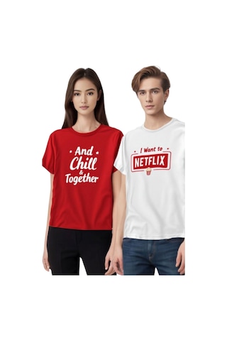 Technomonkey Netflix And Chill Baskılı Sevgili Çift Kombini Regular 2'li Takım T-shirt Beyaz