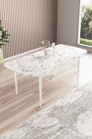 Ebrar Serisi 80x132 Açılabilir Mdf Doğal Gürgen Ayak Beyaz Mutfak Masası,yemek Masası Beyaz Mermer Desen