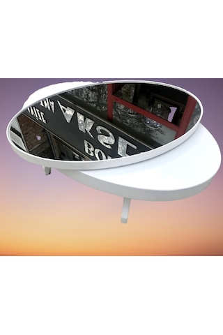 Orta sehpa Dönerli OVAL RUS TARZ Model Kayın Retro Ayak Sağlam Şık Mdf Tabla Parlak Beyaz füme üst cam