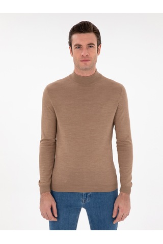 Cacharel Camel Slim Fit Yün Karışımlı Yarım Balıkçı Yaka Basic Triko Kazak Kahverengi