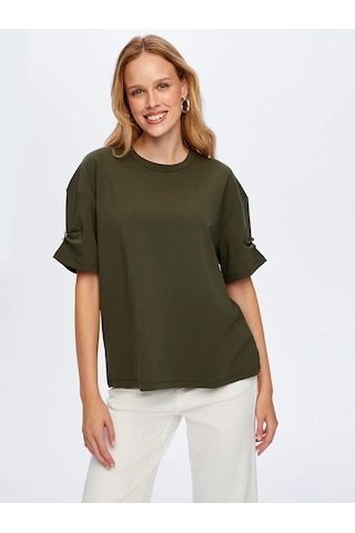 Faik Sönmez Kolları Taş Detaylı Yuvarlak Yaka Kadın T-shirt W26tsh088 Haki