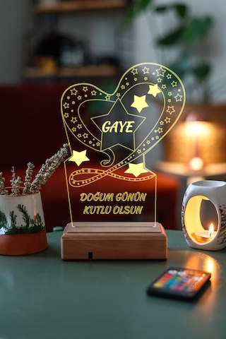 Kişiye Özel Doğum Günü Hediyesi Kalp Ve Yıldızlar 3D Led Lamba