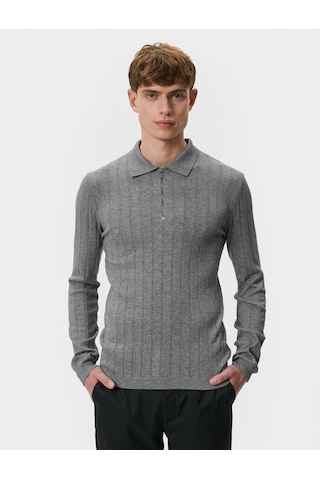 Koton Polo Yaka Kazak Yarım Fermuarlı Slim Fit Dokulu Gri 4wam70125ht Gri