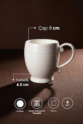 Pure Line 4'lü Saf Beyaz Porselen 230 Ml Kupa Seti Beyaz Beyaz