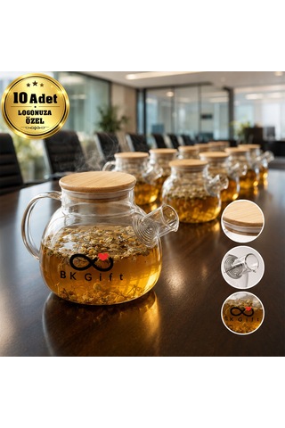 Logonuza Özel 10 Adet Isıya Dayanıklı Süzgeçli Cam Demlik 1 Litre Şeffaf
