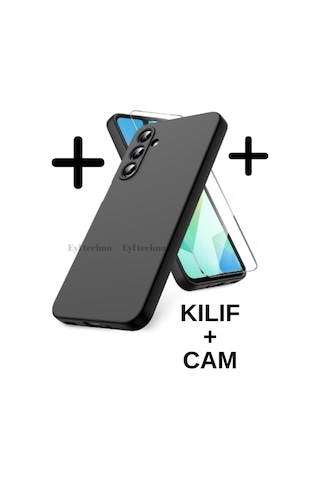 Samsung Galaxy Uyumlu A16 Kılıf Renkli Yumuşak Silikon Kapak Ekran Koruyucu Cam 9h Temperli -siyah Siyah