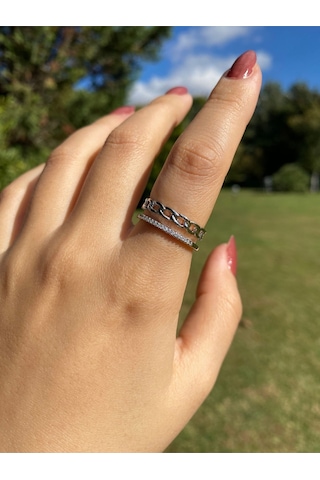 İki Sıra Gümüş Kaplama Kadın Zarif Yüzük Sevgiliye Hediye Gümüş