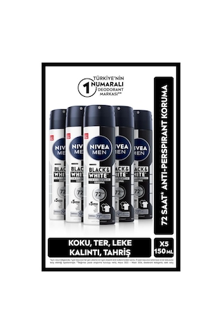 NIVEA MEN Erkek Sprey Deodorant Black & White Invisible Original 150 ML, 72 Saat Anti-Perspirant, X5 Adet