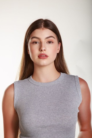 Kadın Gri Fitilli Likralı Sıfır Kol Bisiklet Yaka Örme Atlet Tshirt Bluz Gri