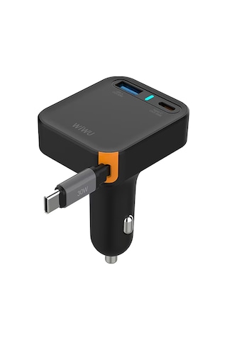 Wiwu Wi-cc033 Type-c + Usb-a Hızlı Şarj Akım Korumalı Dahili Kablolu Araç Şarj Aleti 65w Siyah
