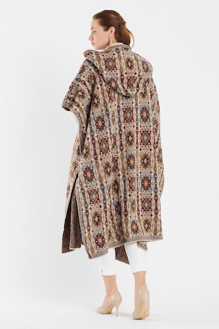 Uludağ Triko Kadın Kilim Desen Kapşonlu Panço Taş-Std Taş