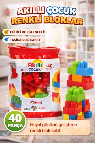 Akıllı Çocuk Renkli Bloklar 40 Parça Eğitici Ve Taşınabilir Yapı Oyuncağı
