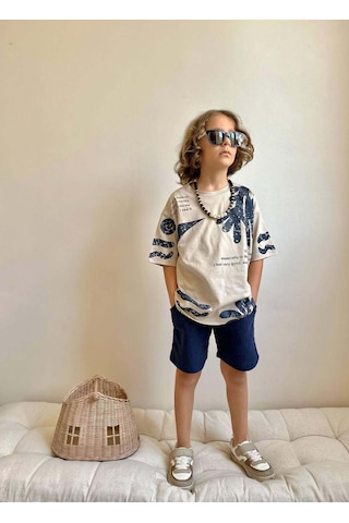 Miniko Kids Erkek Çocuk Kaktüs Desenli Müslin Şortlu Pamuk Takım Ekru