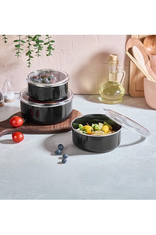 Mary 3'lü Emaye Saklama Kabı- Siyah 14cm-16cm-18cm